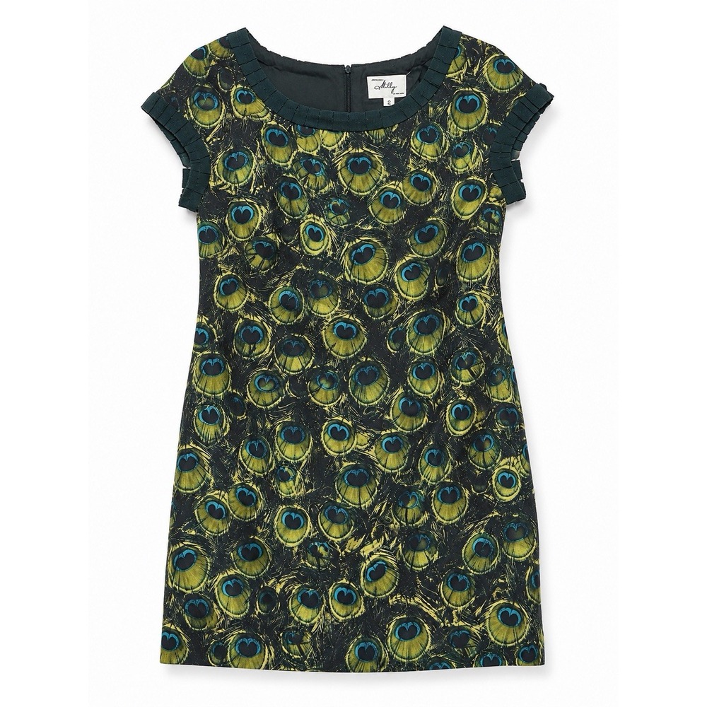Milly of New York Size 2 100% Silk Peacock Feather Print Shift Dress Made USA